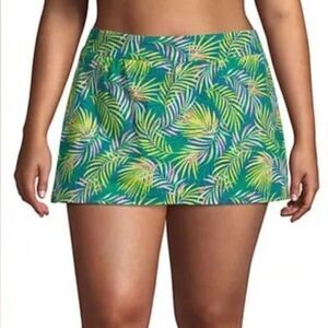 Land's End Plus Size Swim Skirt Tummy Control Panty Baltic Teal Palm Print 20W